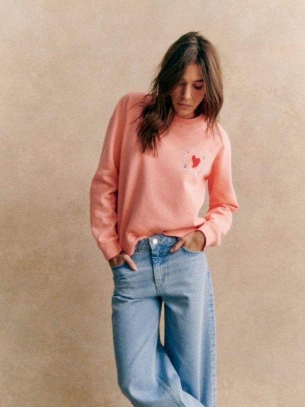 Sézane Pink Sweatshirt with Red Heart Patch